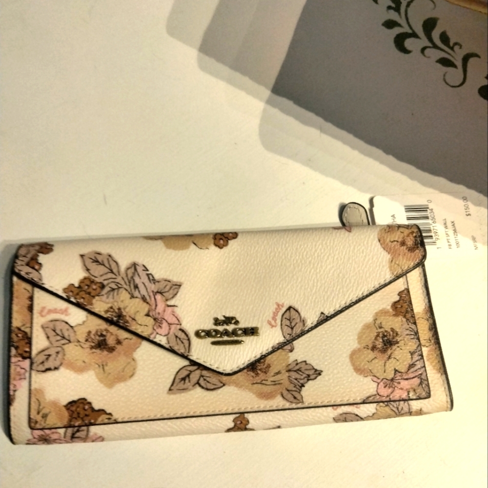 New Coach Floral Envelope Wallet - Cream and Brown